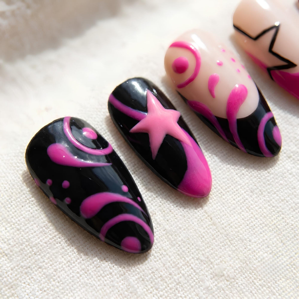 Y2K Hot Pink and Black Mismatched Star and Swirl Press-On Nails