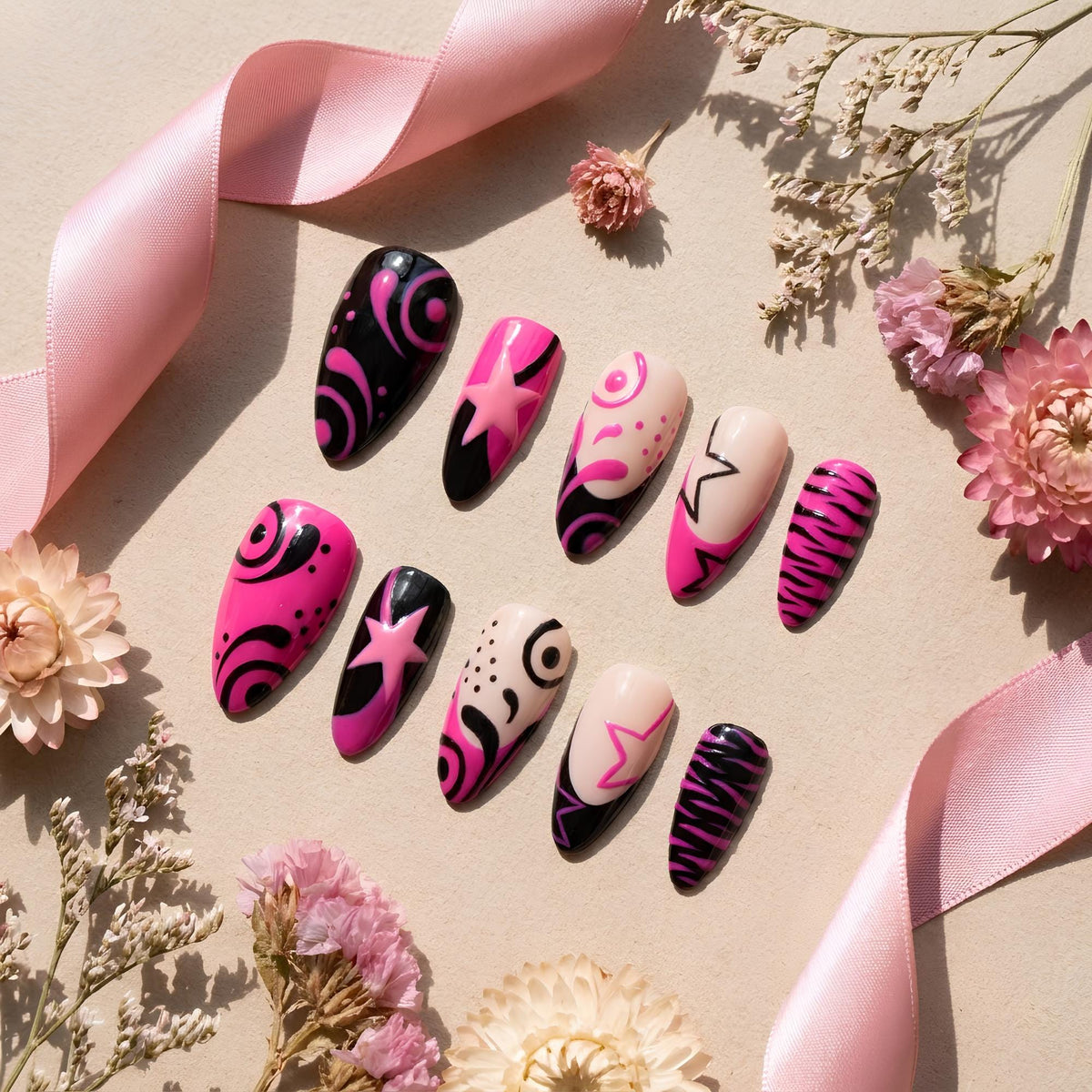 Y2K Hot Pink and Black Mismatched Star and Swirl Press-On Nails