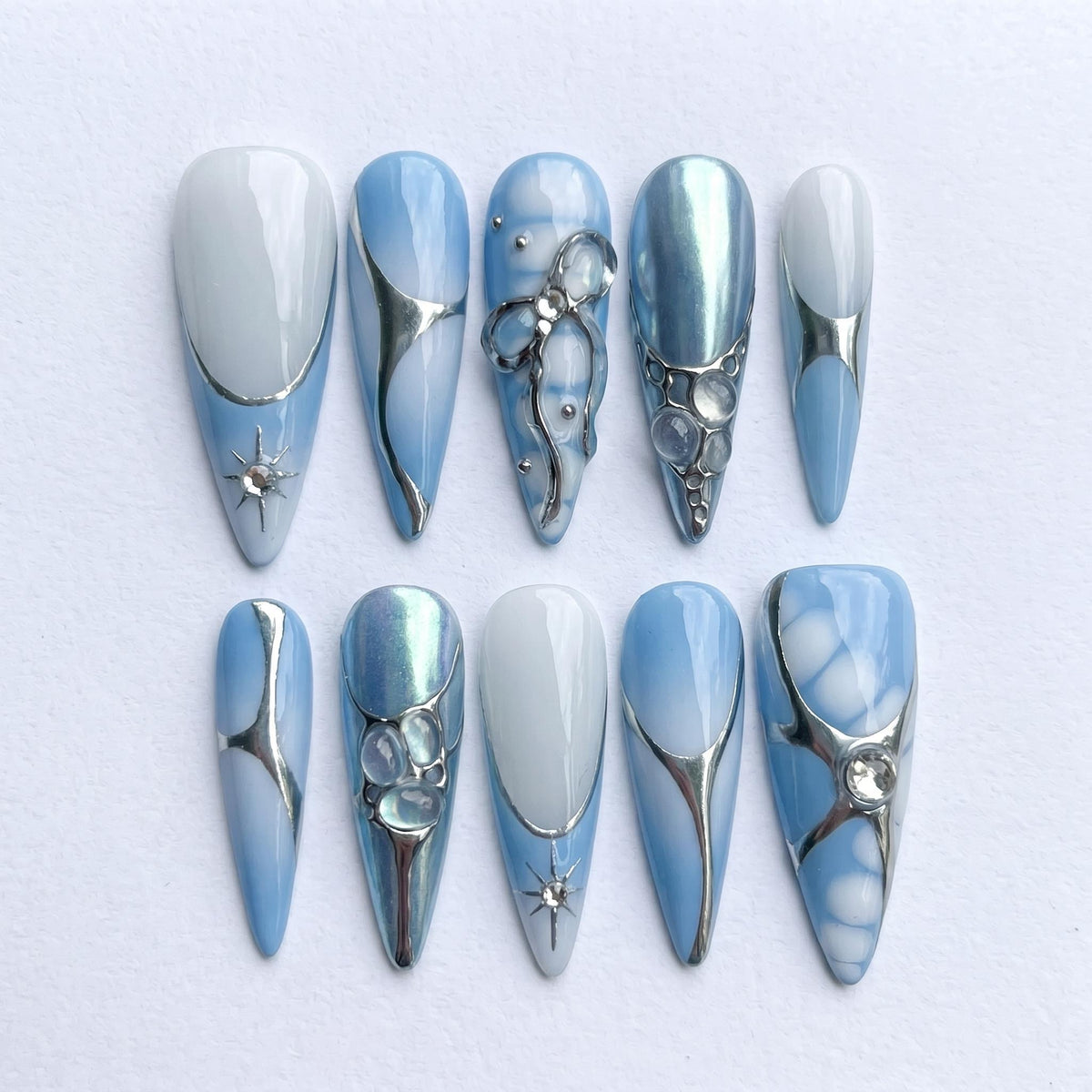 Y2K Icy Blue Marble Chrome Press On Nails with Silver 3D Details