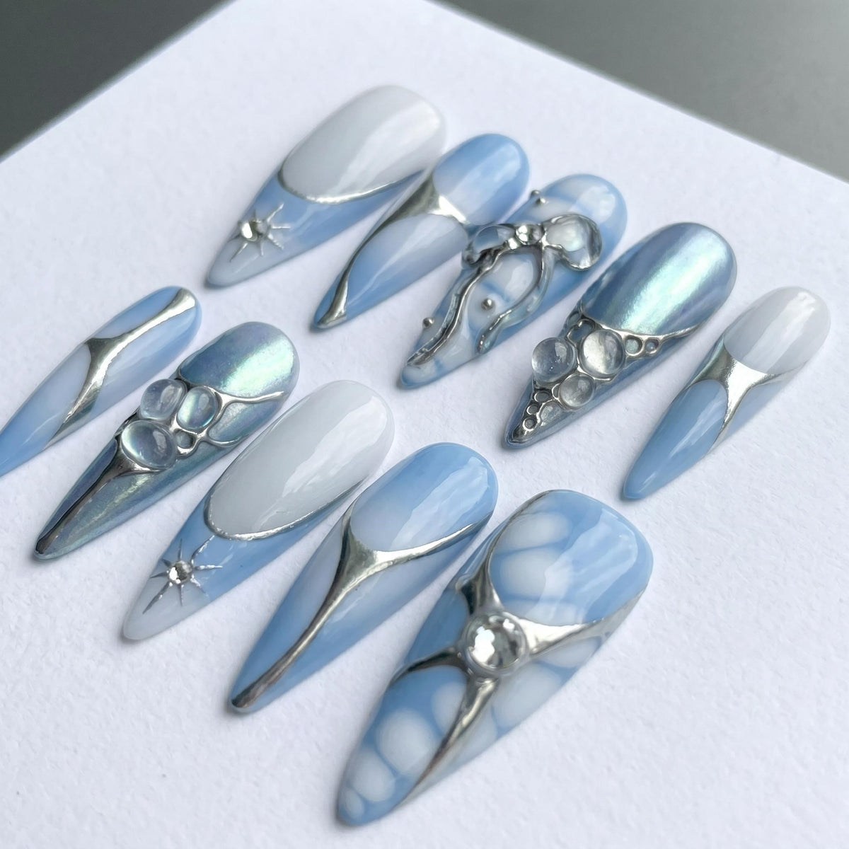 Y2K Icy Blue Marble Chrome Press On Nails with Silver 3D Details
