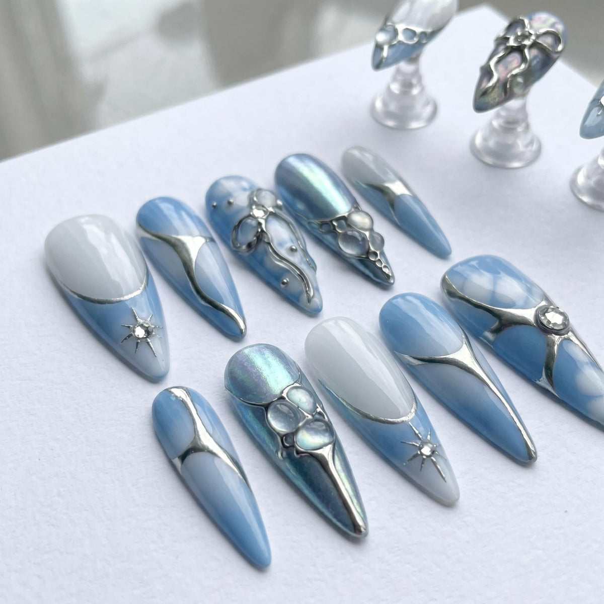 Y2K Icy Blue Marble Chrome Press On Nails with Silver 3D Details