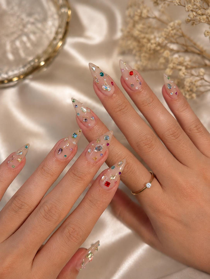 Y2K Birthday Multicolor Rhinestone Press-On Nails with Sheer Nude-Pink Base