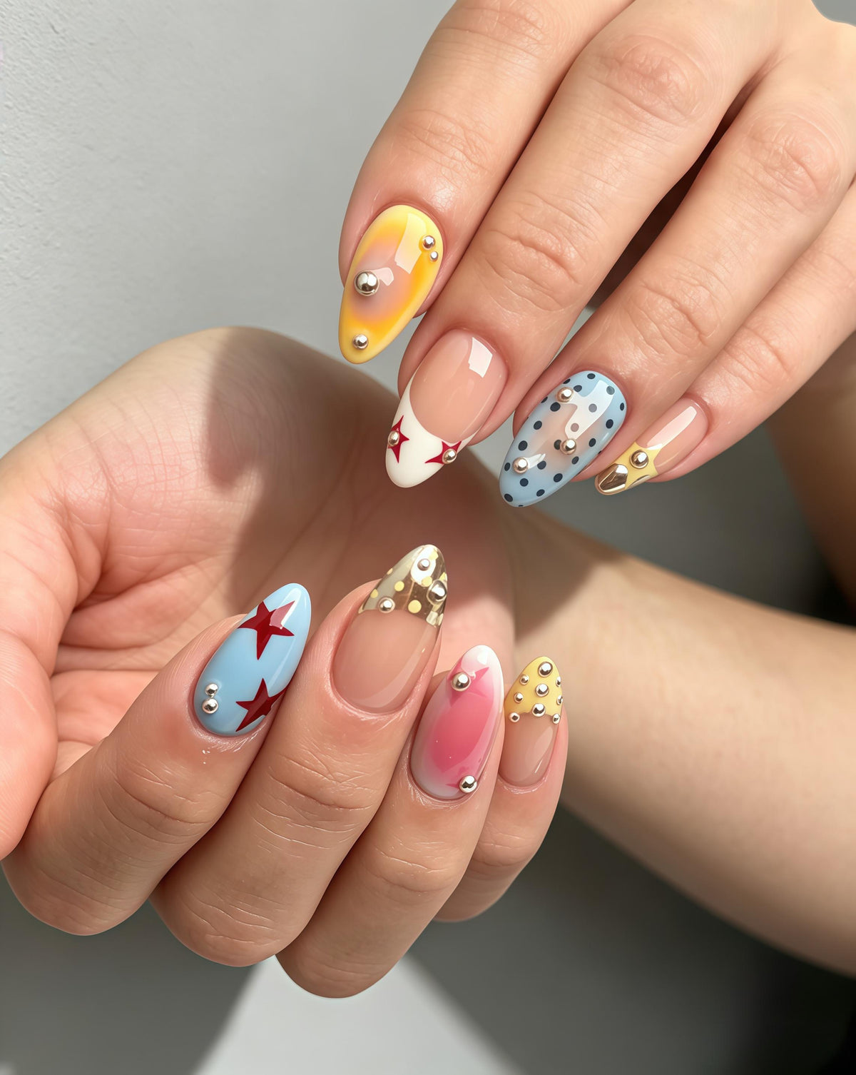 Y2K Multicolor Star and Polka Dot Press On Nails with Metallic Bead Details