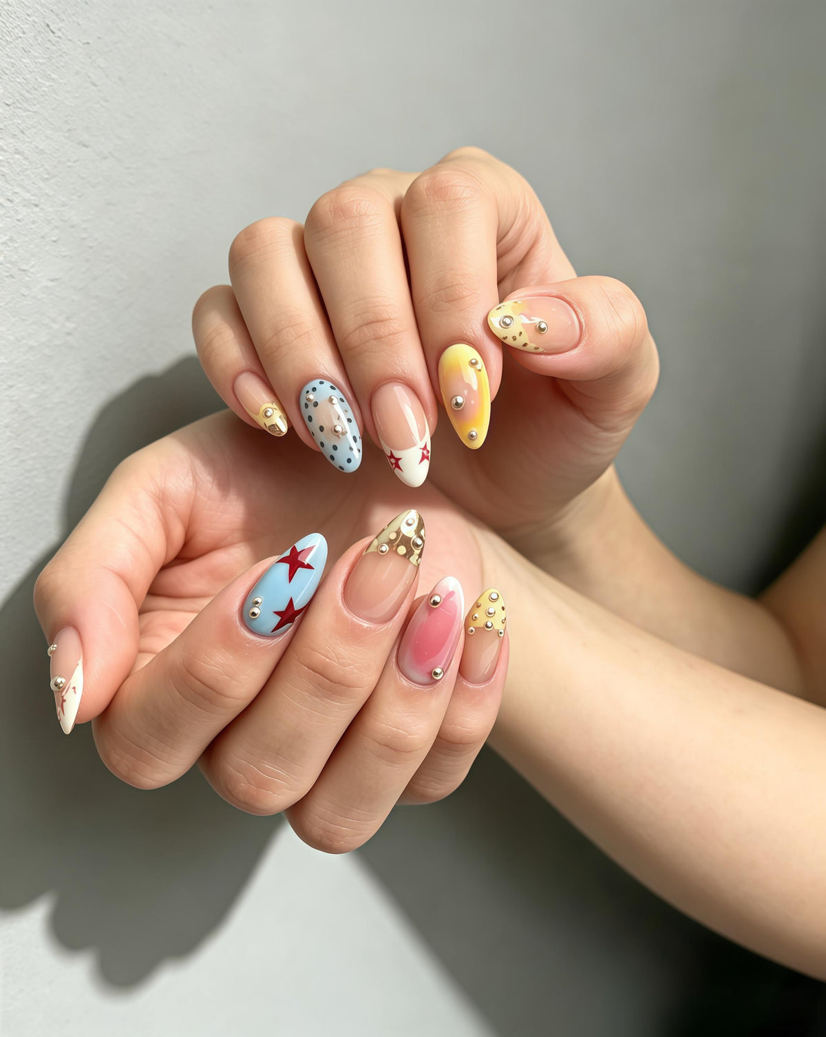 Y2K Multicolor Star and Polka Dot Press On Nails with Metallic Bead Details