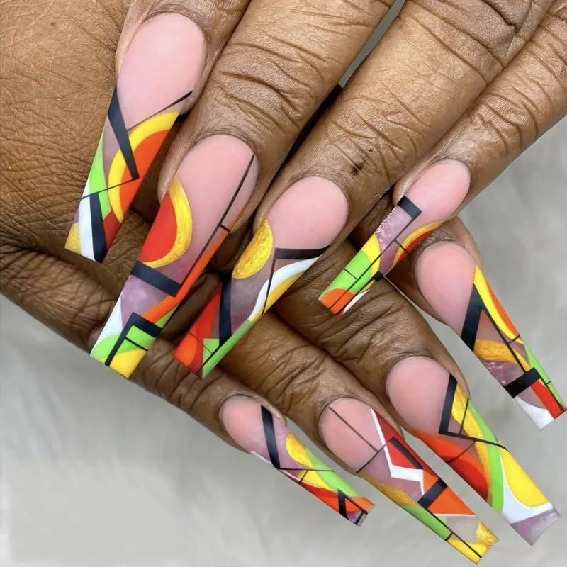 Y2K Orange and Neon Geometric Press-On Nail Set