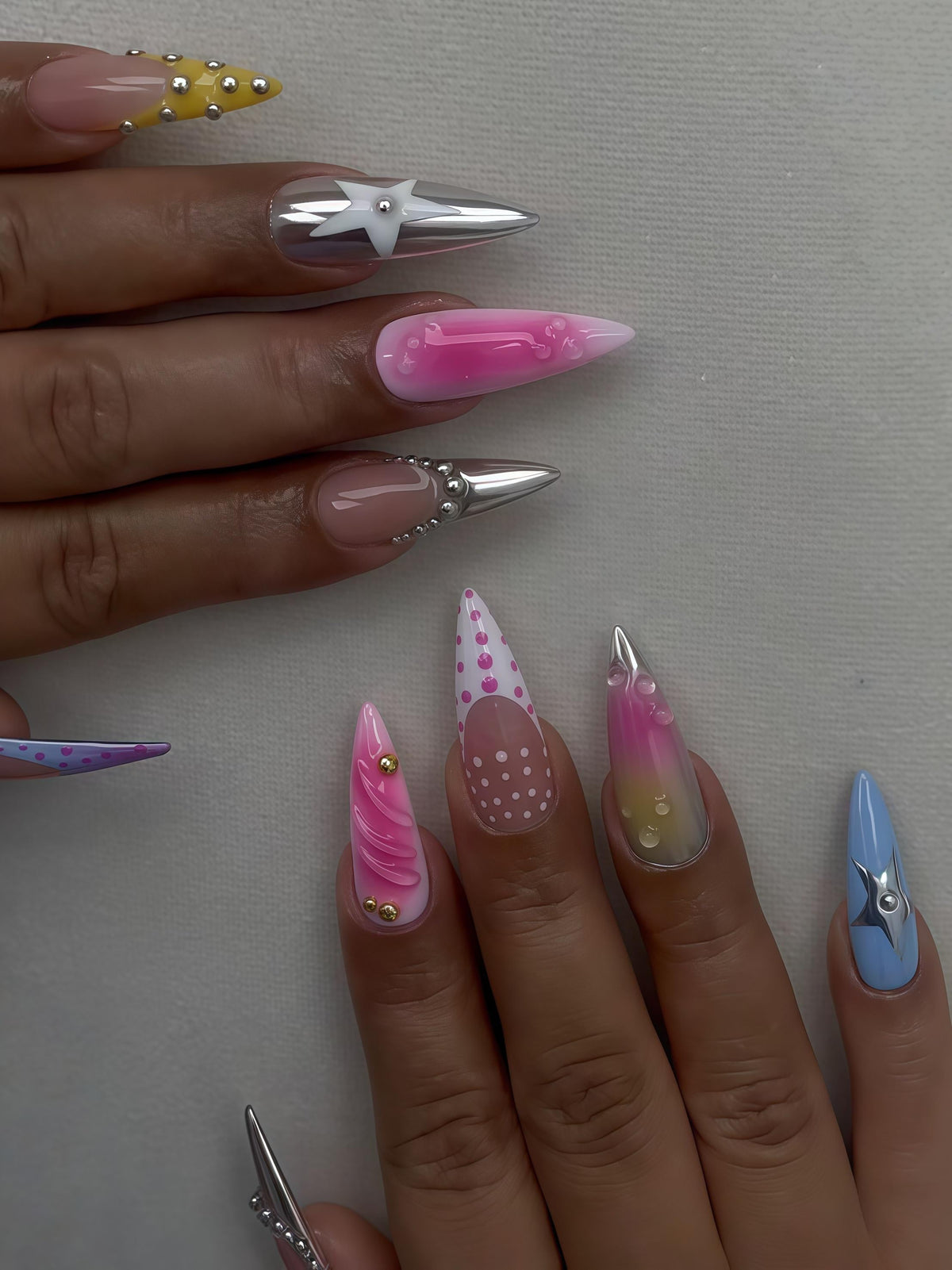 Y2K Party Multicolor Pink Gradient Press On Nails with Chrome, Polka Dots and 3D Details