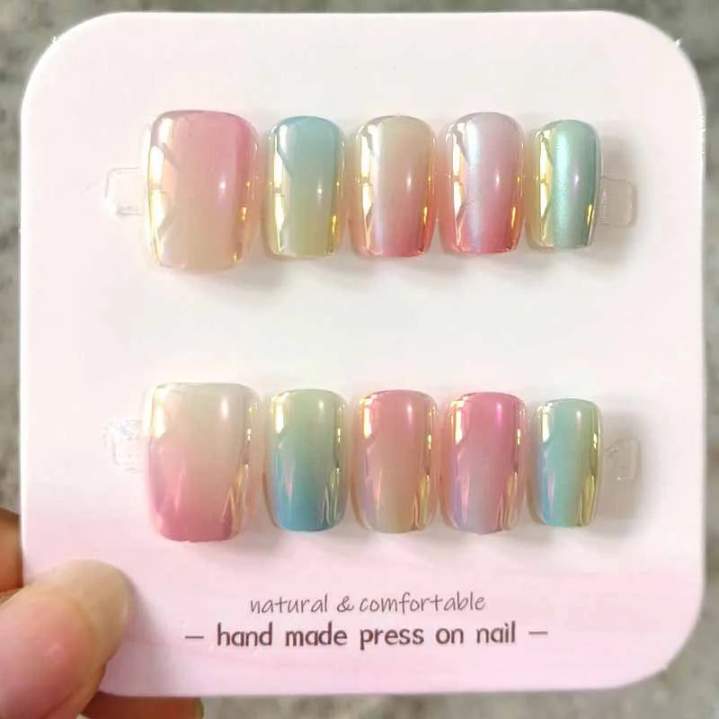 Y2K Pastel Aurora Rainbow Press On Nails with Glossy Iridescent Finish