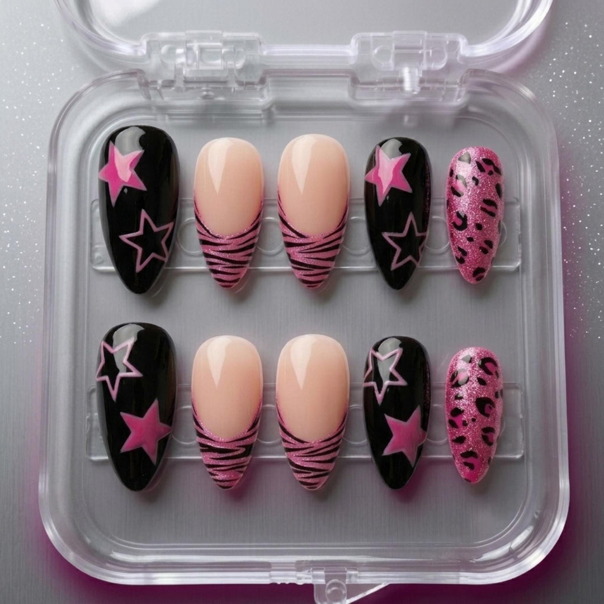 Y2K Pink and Black Star Nails With Zebra French Tips and Glitter Leopard Print