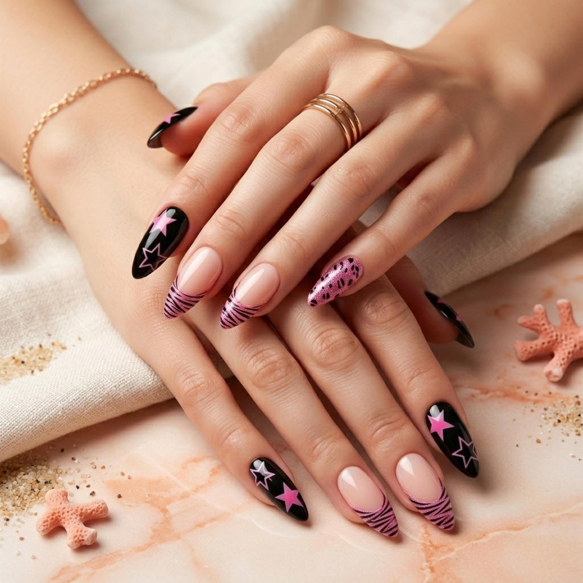 Y2K Pink and Black Star Nails With Zebra French Tips and Glitter Leopard Print