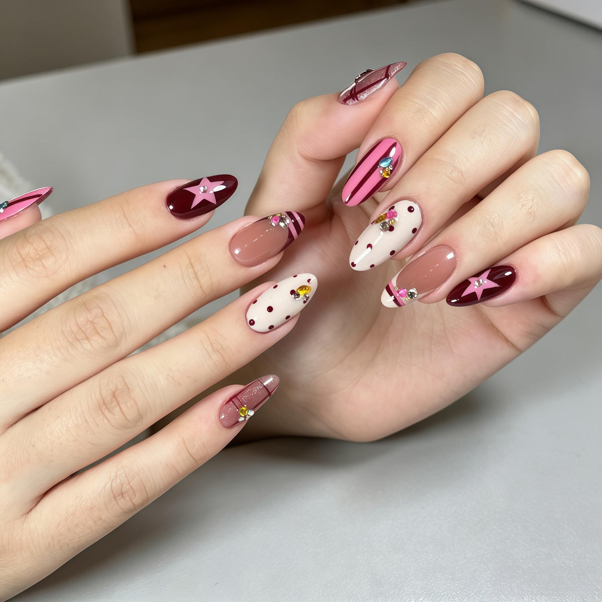 Y2K Pink and Burgundy Star, Polka Dot, Stripe, and Rhinestone Nail Set