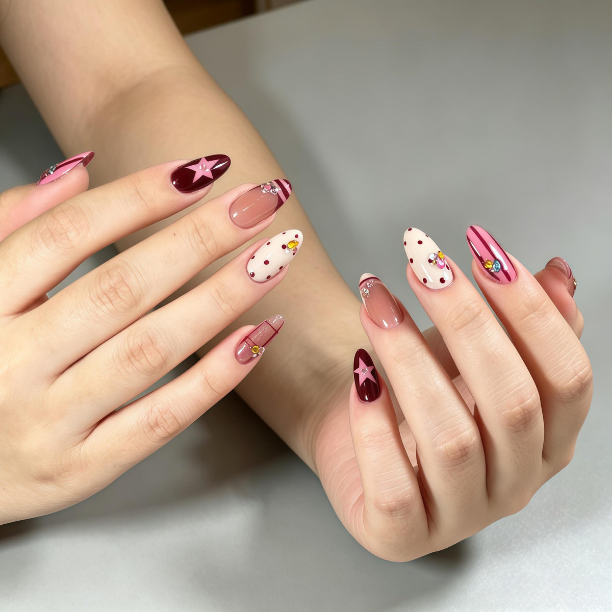 Y2K Pink and Burgundy Star, Polka Dot, Stripe, and Rhinestone Nail Set