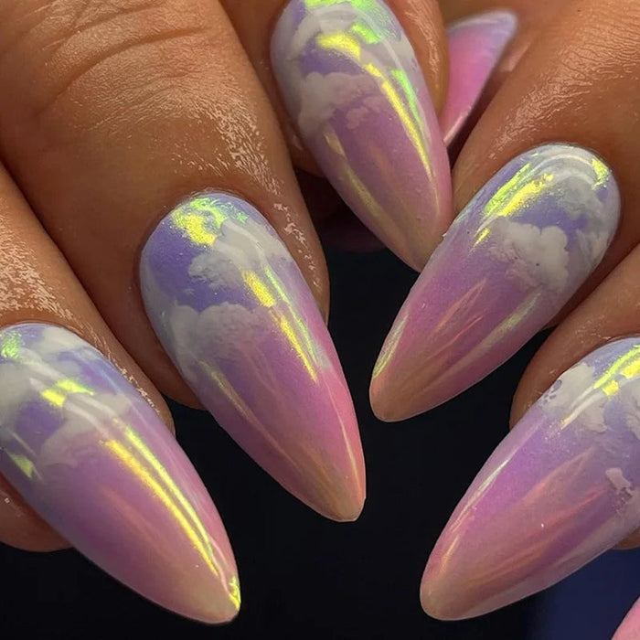 Y2K Pink and Lilac Aurora Cloud Holographic Press On Nail Set