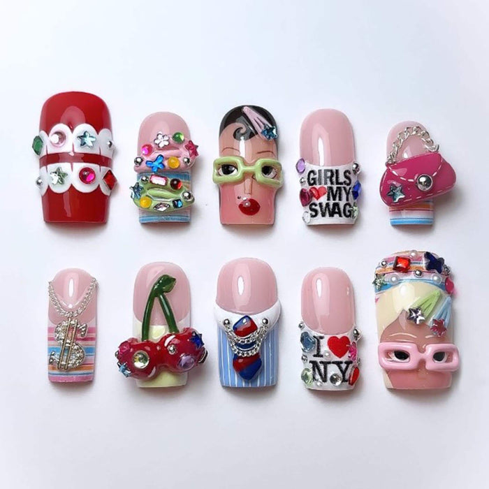 Y2K Pop Art Press-On Nails with Cherries, Face Motifs, Blue Stripes and 3D Accents