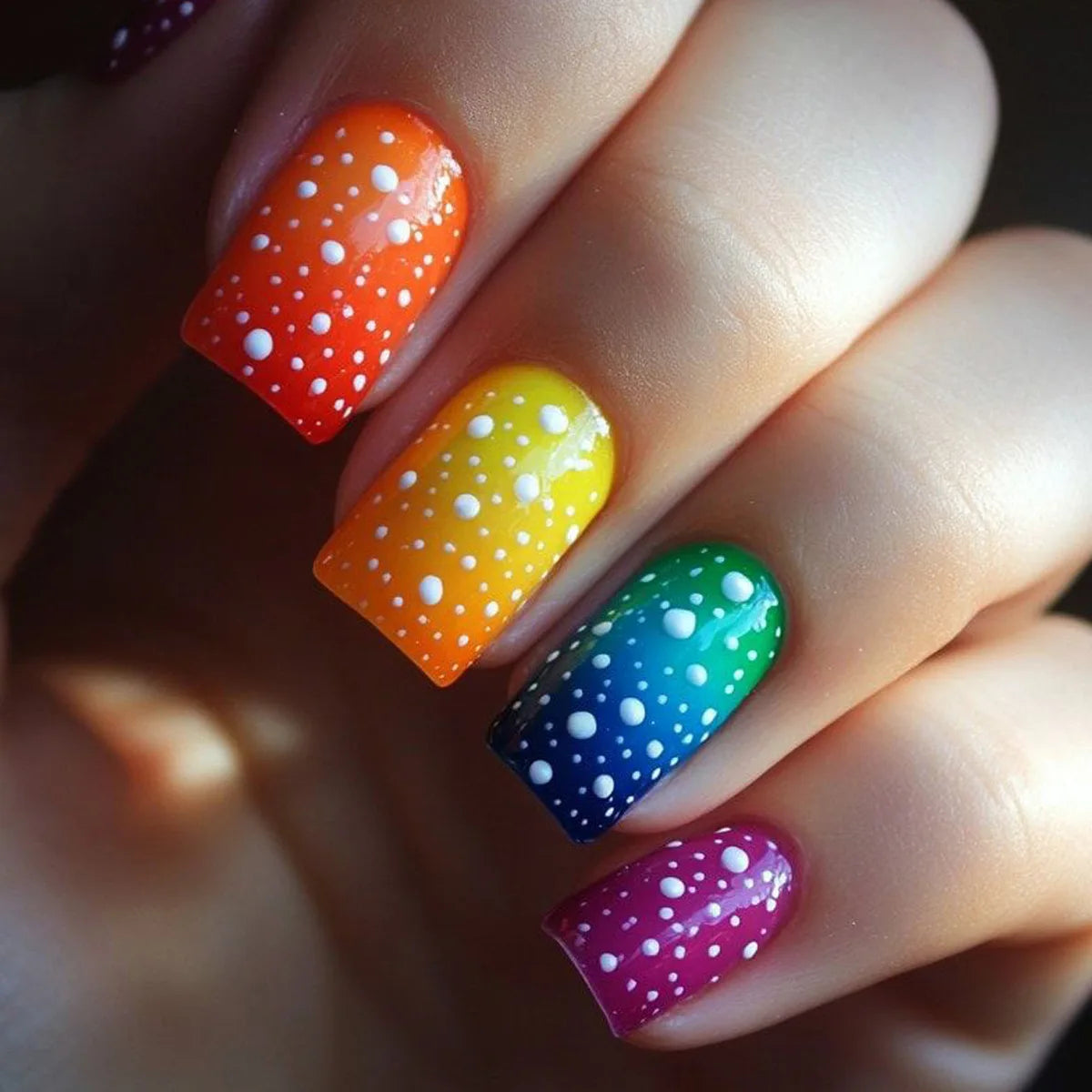 Y2K Rainbow Ombre Polka Dot Press On Nails