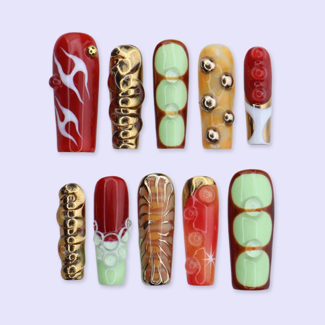 Y2K Red, Mint, Amber & Gold Chrome 3D Retro Colorblock Nail Set