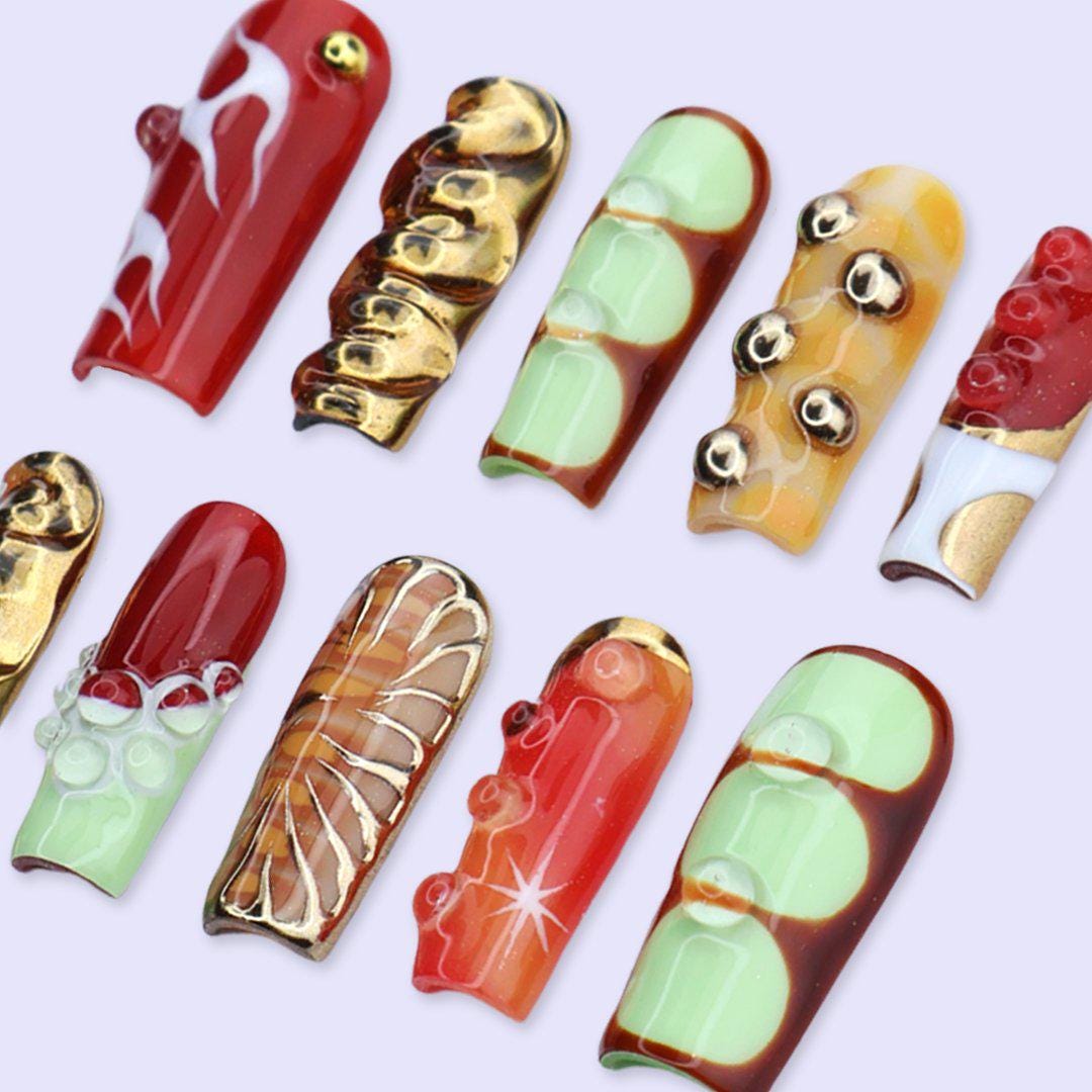 Y2K Red, Mint, Amber & Gold Chrome 3D Retro Colorblock Nail Set