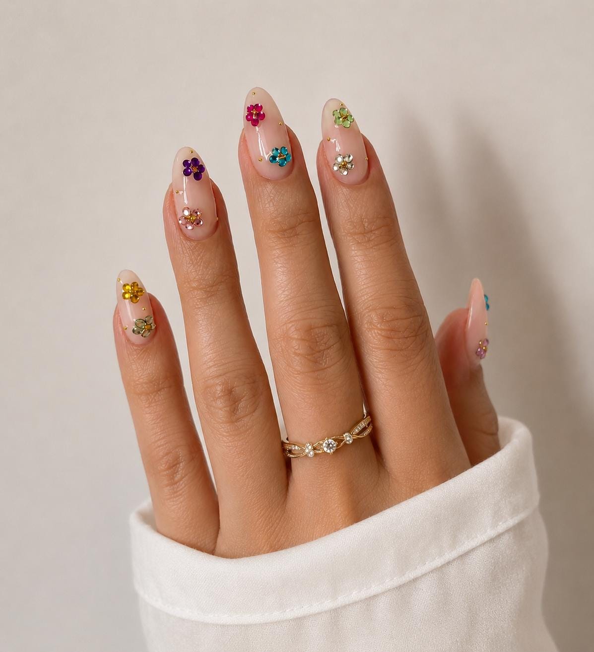 Y2K Sheer Blush Pink Floral Press On Nails With Colorful Gems