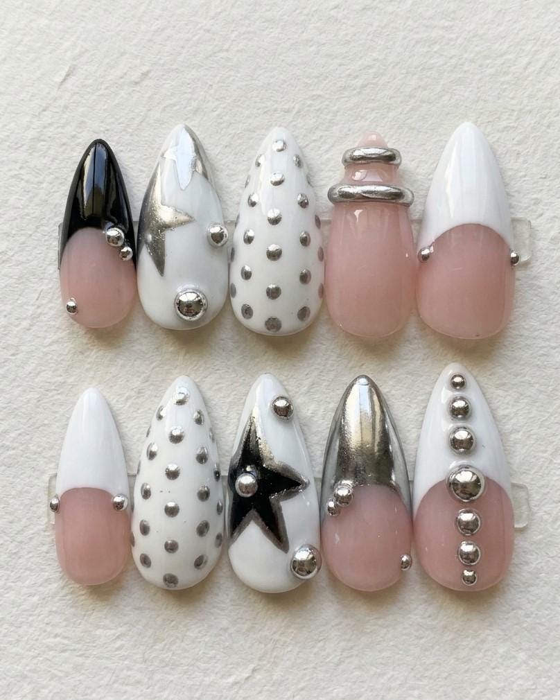 Y2K Silver Chrome Black Star Nails with Studs, Bands and French Tips