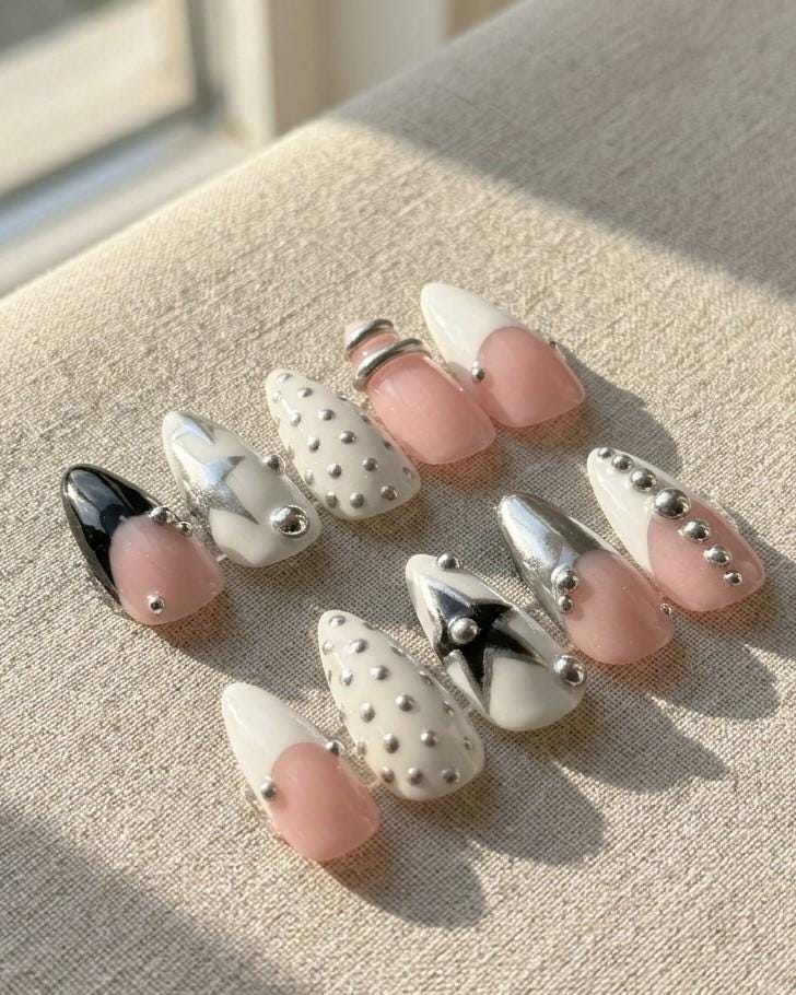Y2K Silver Chrome Black Star Nails with Studs, Bands and French Tips