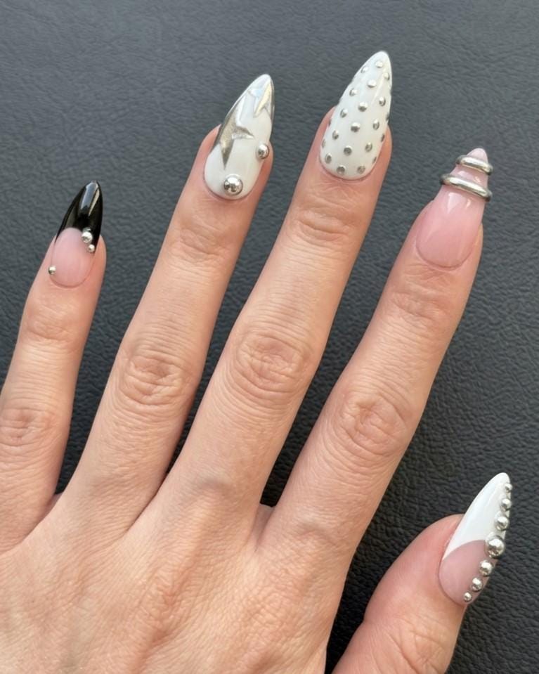 Y2K Silver Chrome Black Star Nails with Studs, Bands and French Tips
