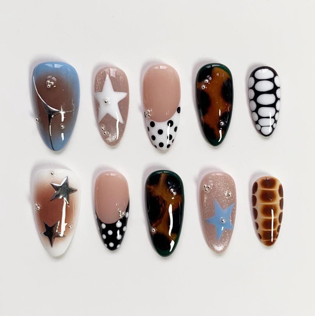 Y2K Star, Polka Dot and Tortoiseshell Press-On Nail Set
