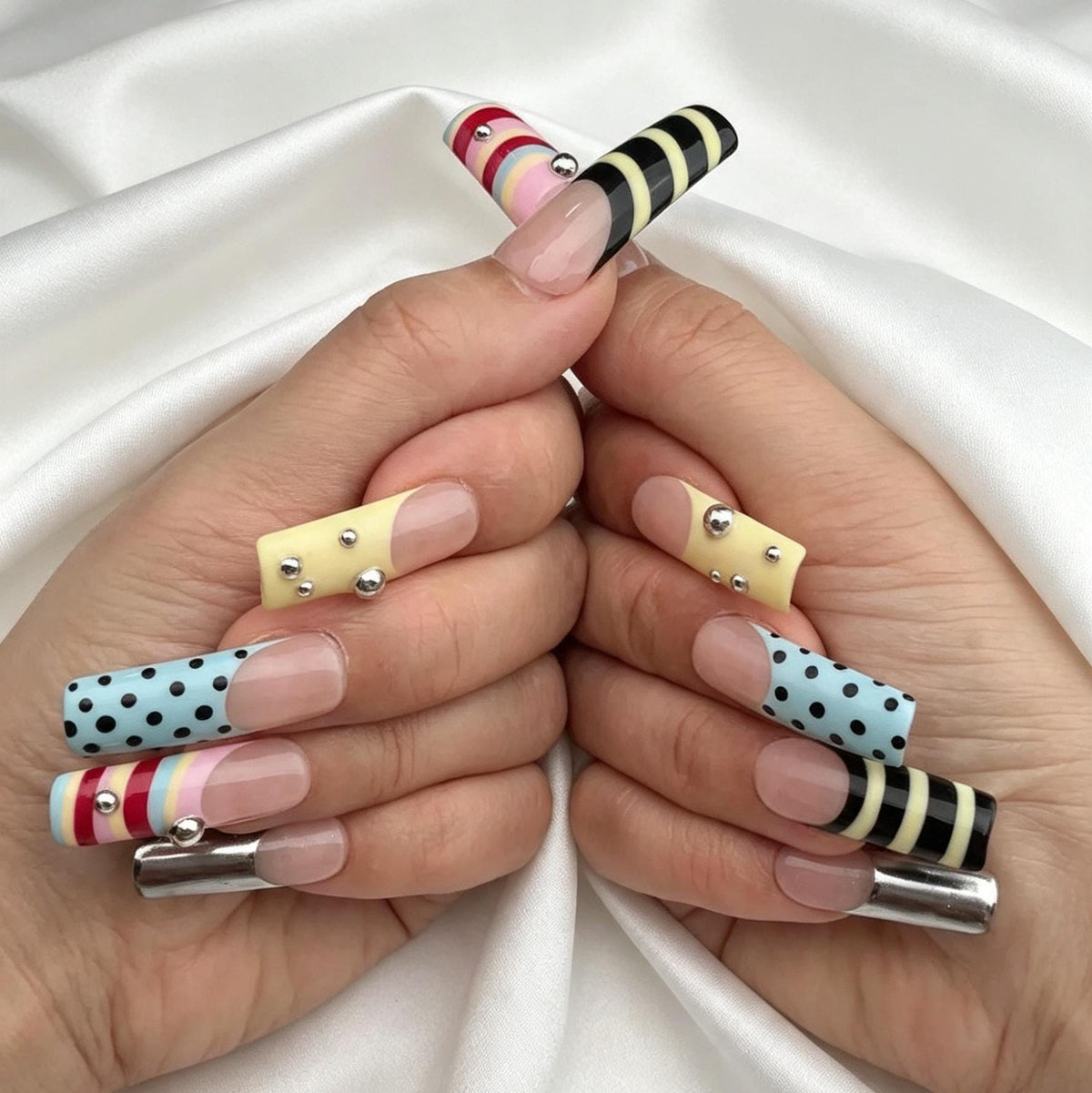 Y2K Striped, Polka Dot, and Silver Chrome Graphic Press On Nails
