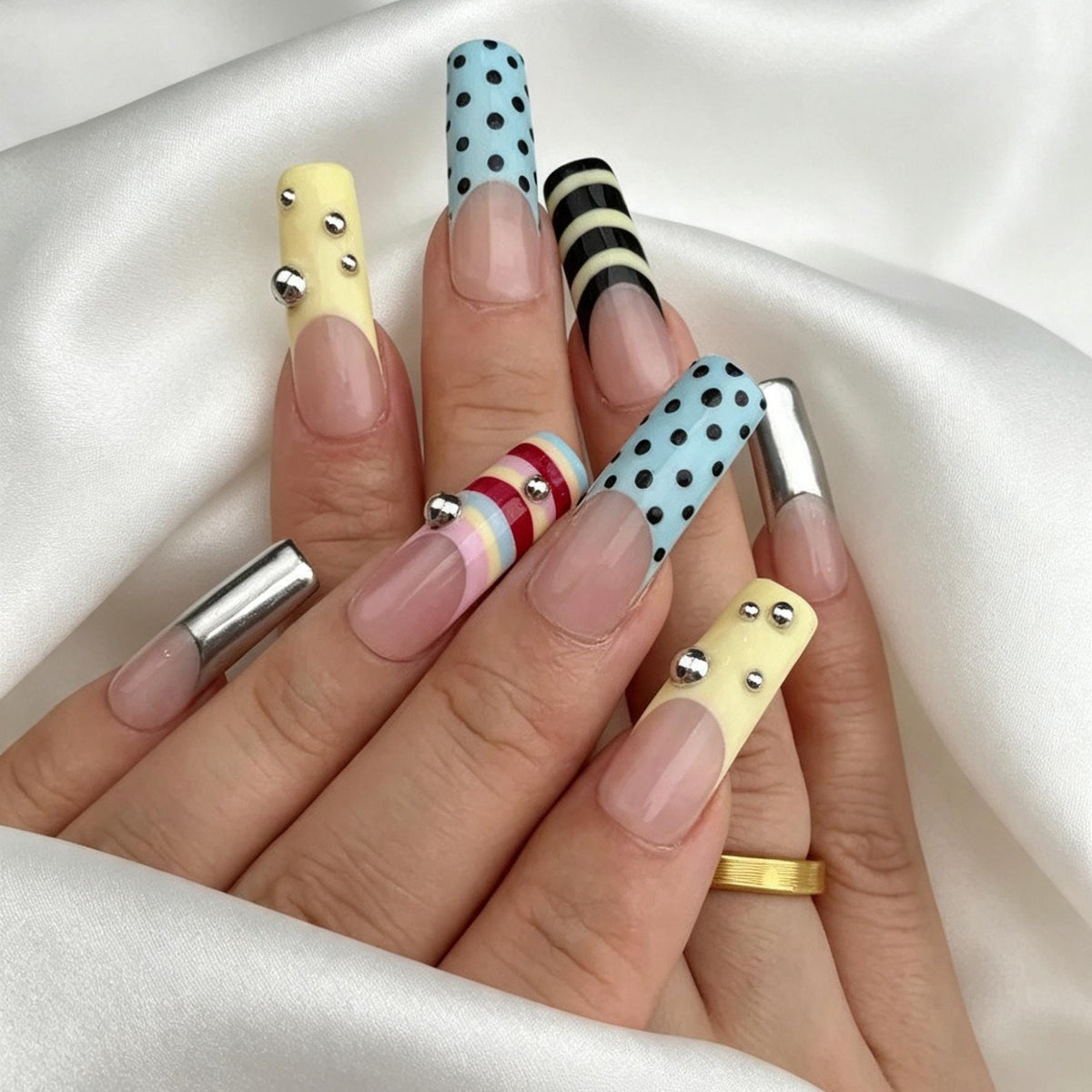 Y2K Striped, Polka Dot, and Silver Chrome Graphic Press On Nails