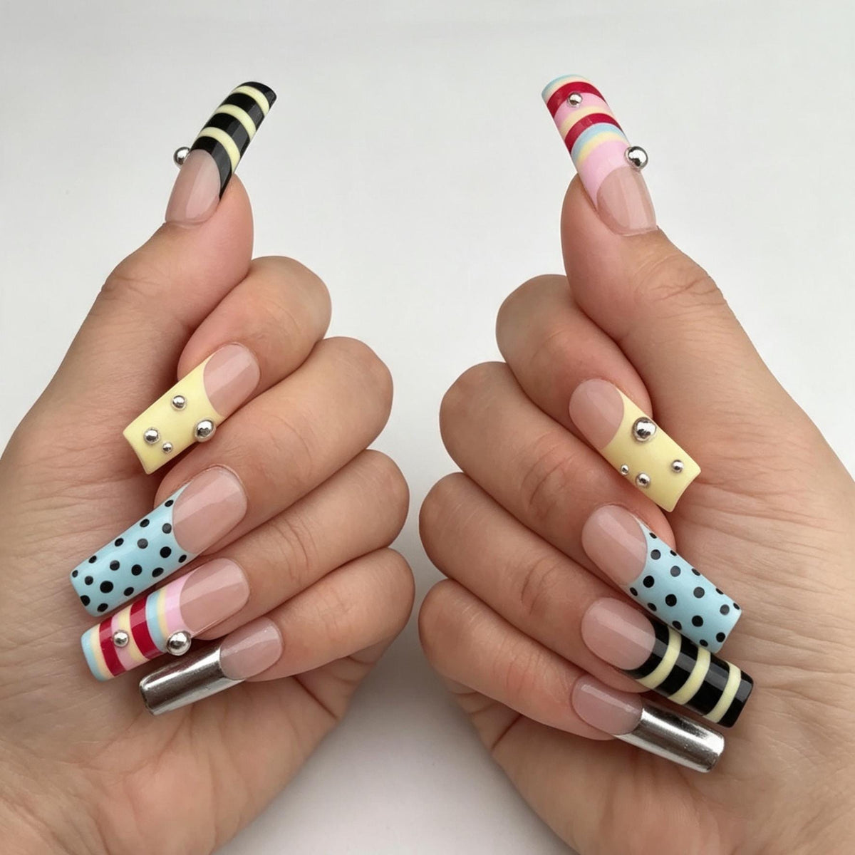 Y2K Striped, Polka Dot, and Silver Chrome Graphic Press On Nails