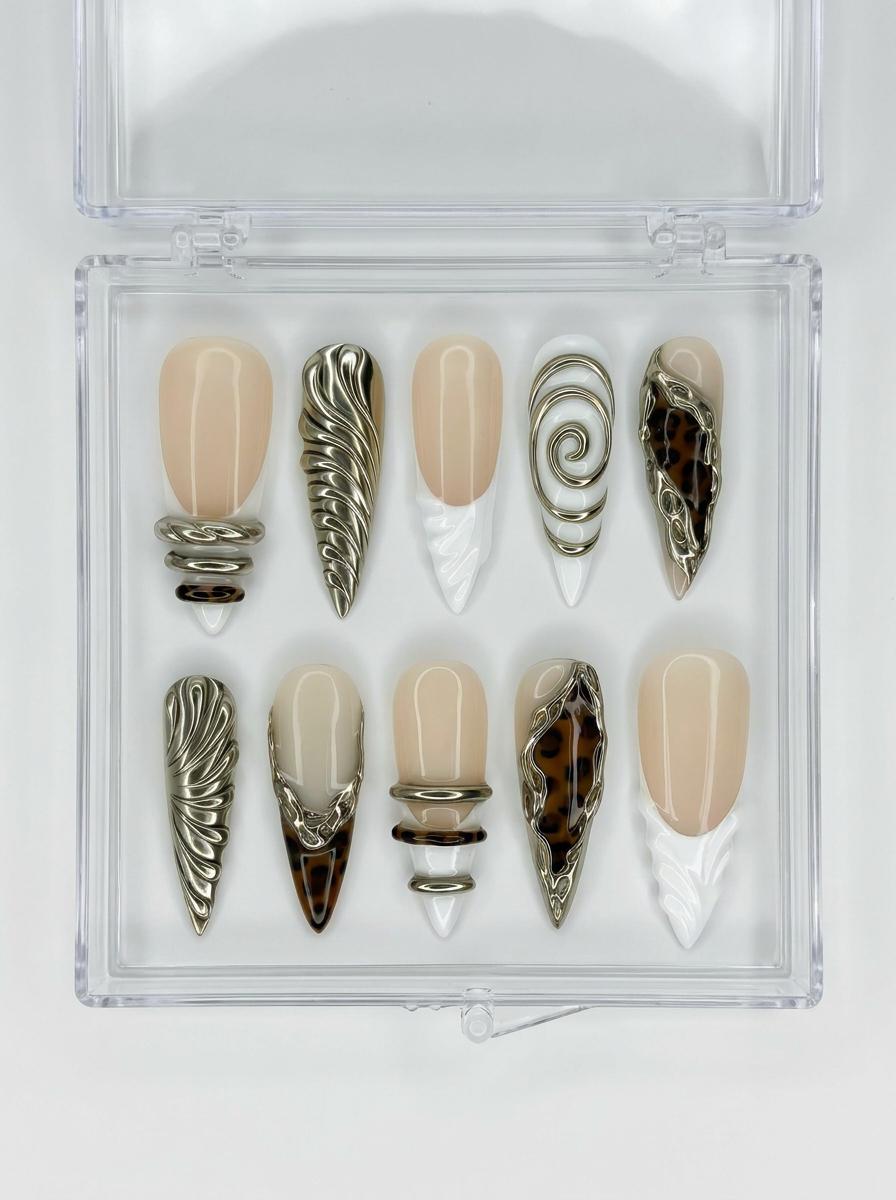 Y2K Tortoiseshell and Silver Chrome Sculptural Press-On Nails