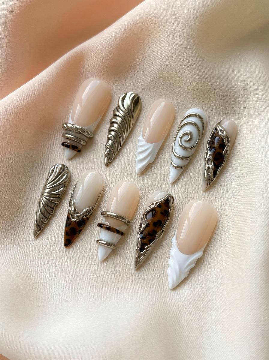 Y2K Tortoiseshell and Silver Chrome Sculptural Press-On Nails