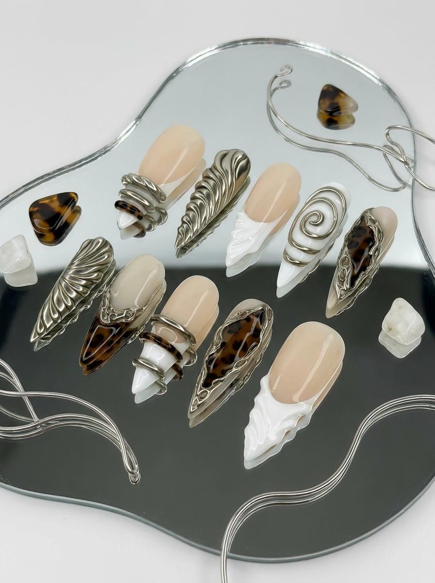 Y2K Tortoiseshell and Silver Chrome Sculptural Press-On Nails