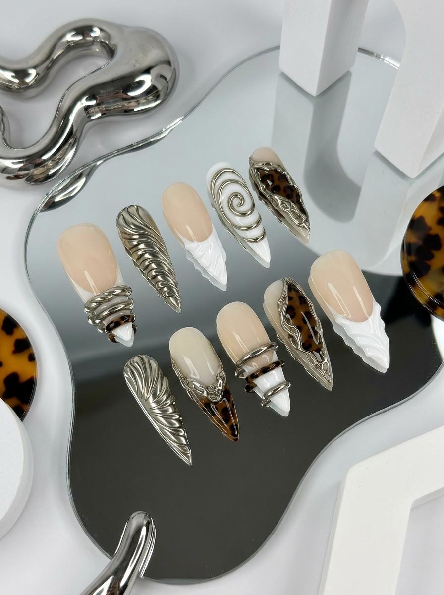 Y2K Tortoiseshell and Silver Chrome Sculptural Press-On Nails