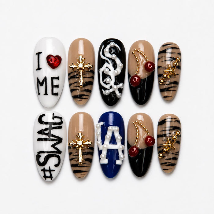Y2K Zebra Stripe Press-On Nails With Red Hearts, Cherries and Gold Cross Charms