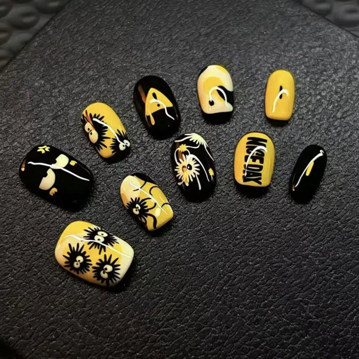 Yellow and Black Floral Graphic Press On Nails