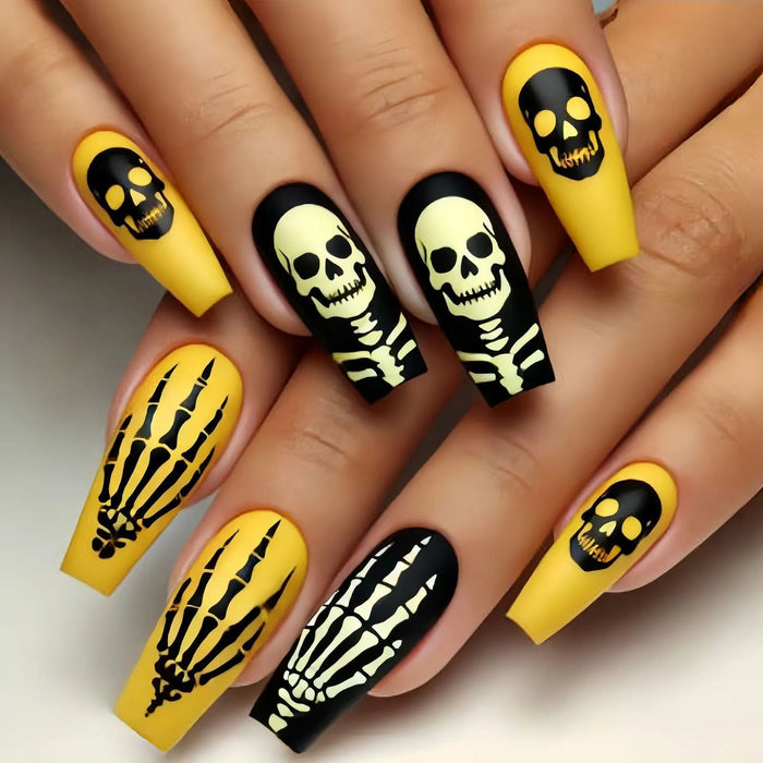 Yellow and Black Halloween Skull and Skeleton Press On Nail Set