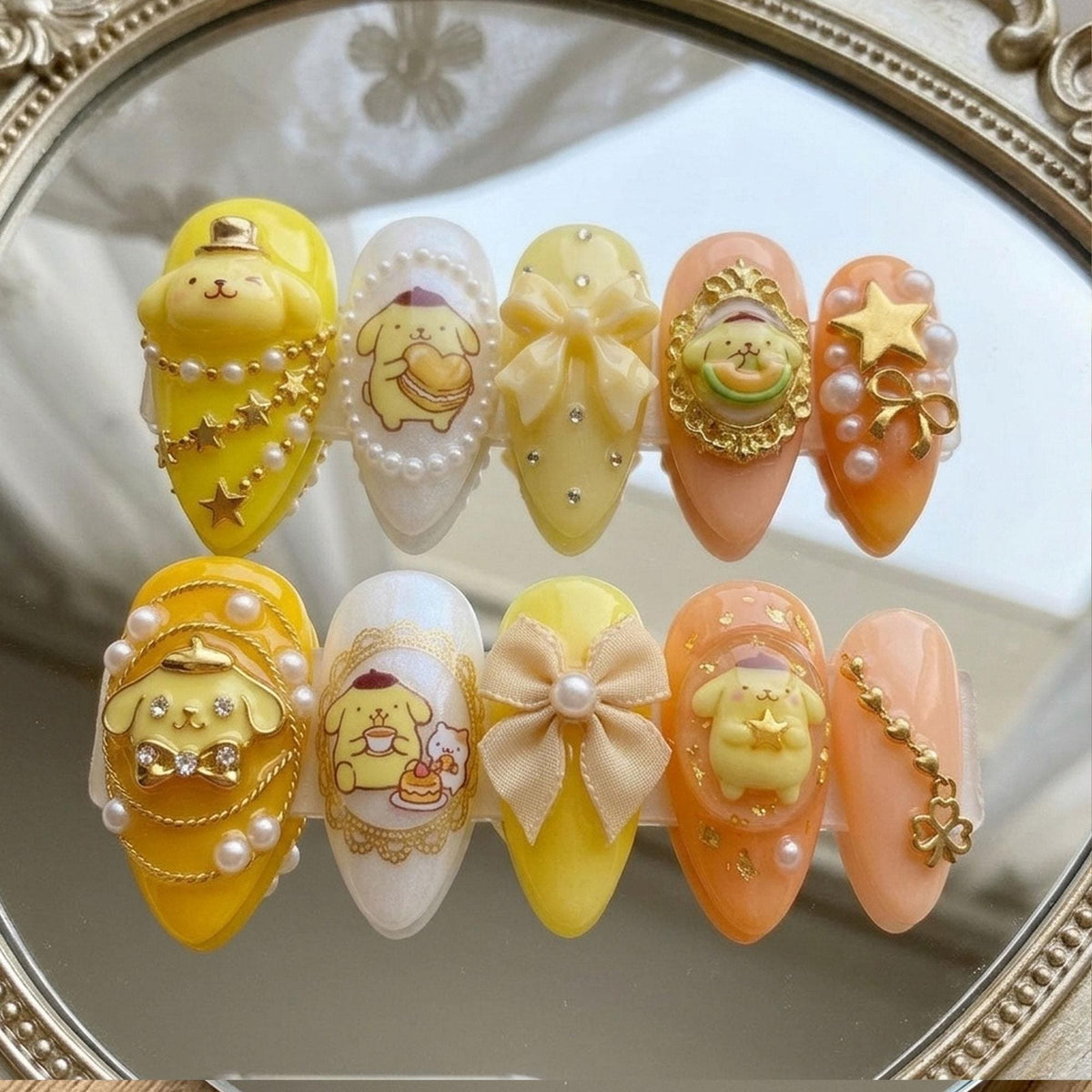 Yellow and Peach Dog Nails with 3D Bows, Pearls and Gold Details