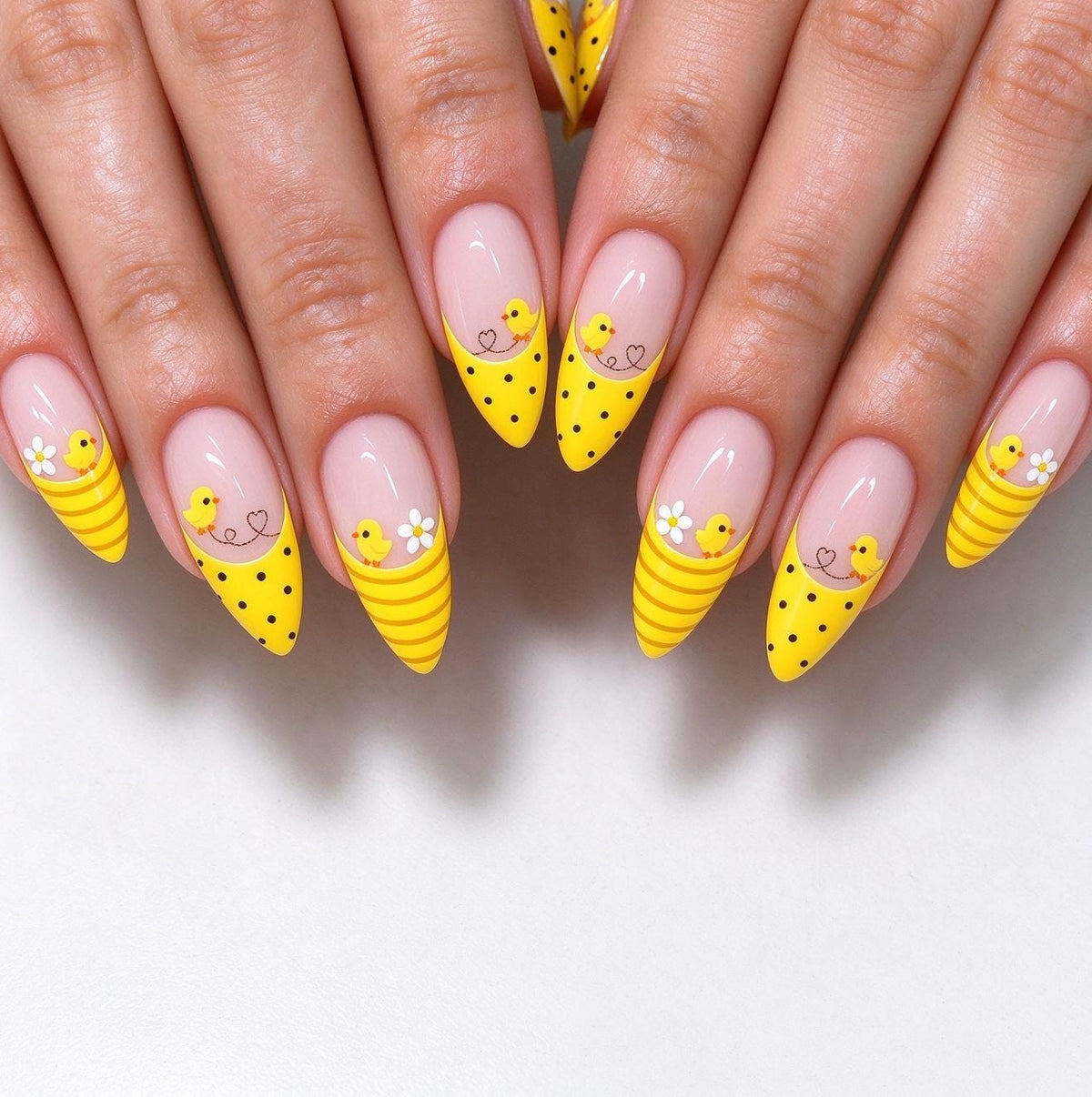 Yellow Chick and Daisy French Tip Press On Nails