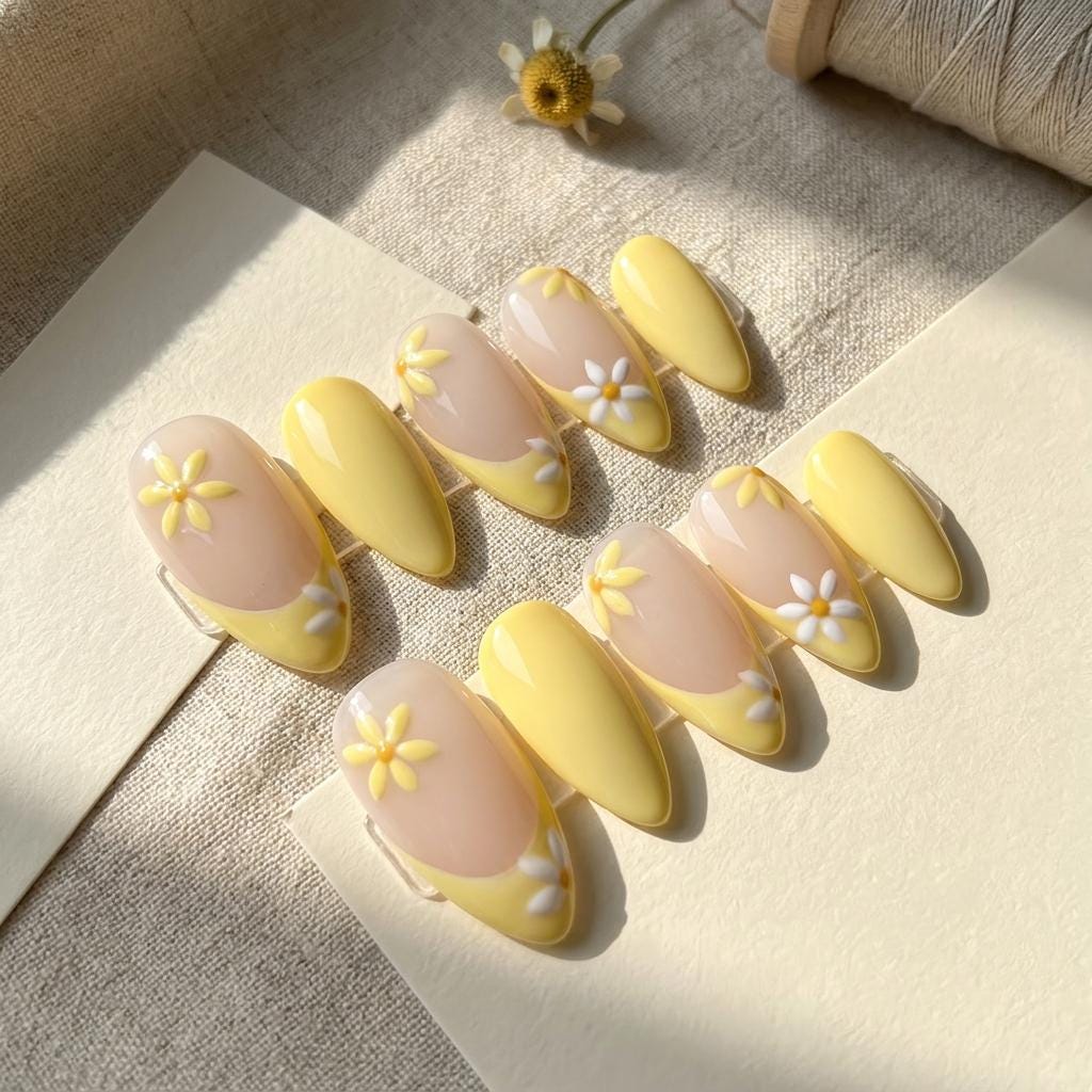 Yellow Daisy French Tip Press On Nails