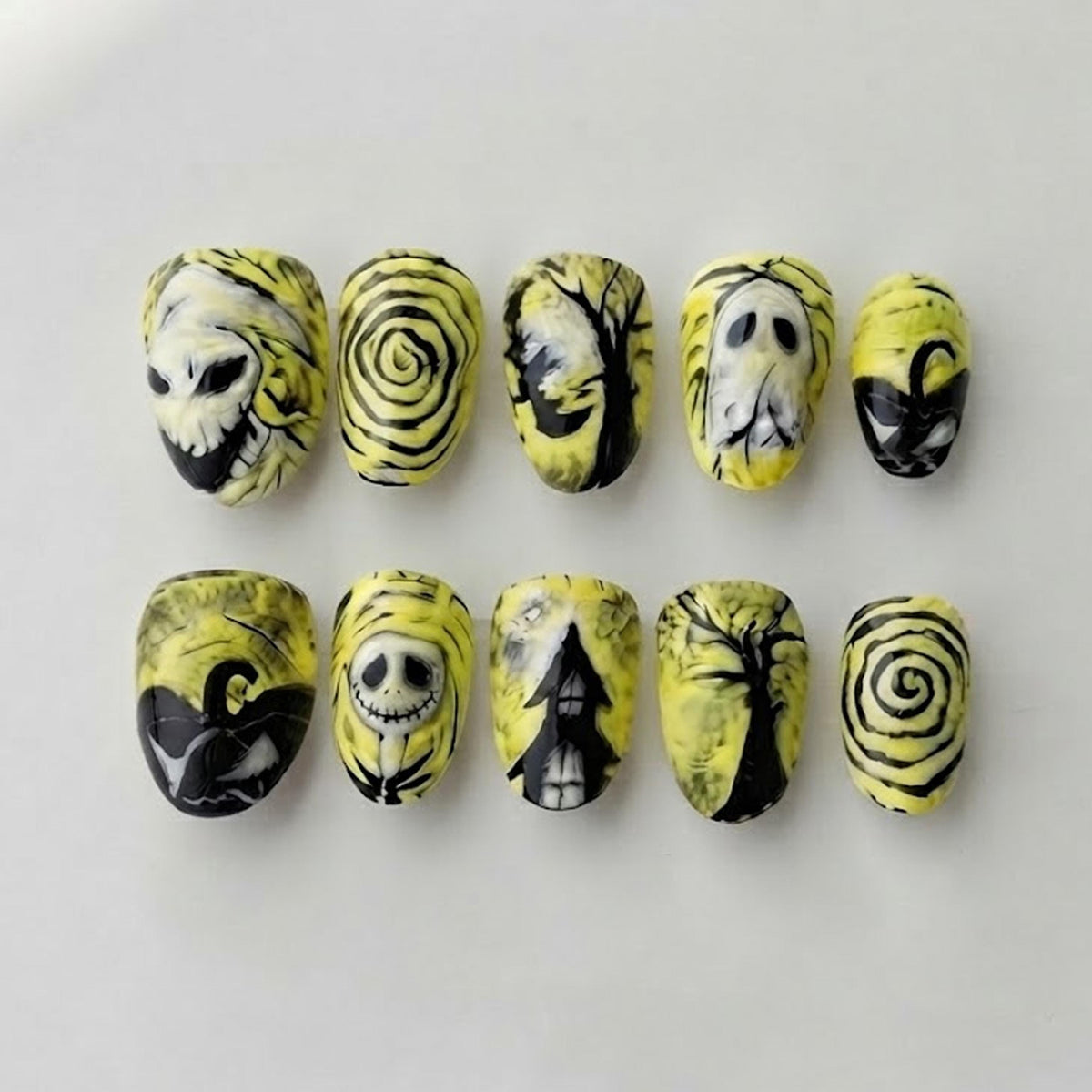 Yellow-Green Halloween Press On Nails with Ghosts, Skulls, and Haunted Trees