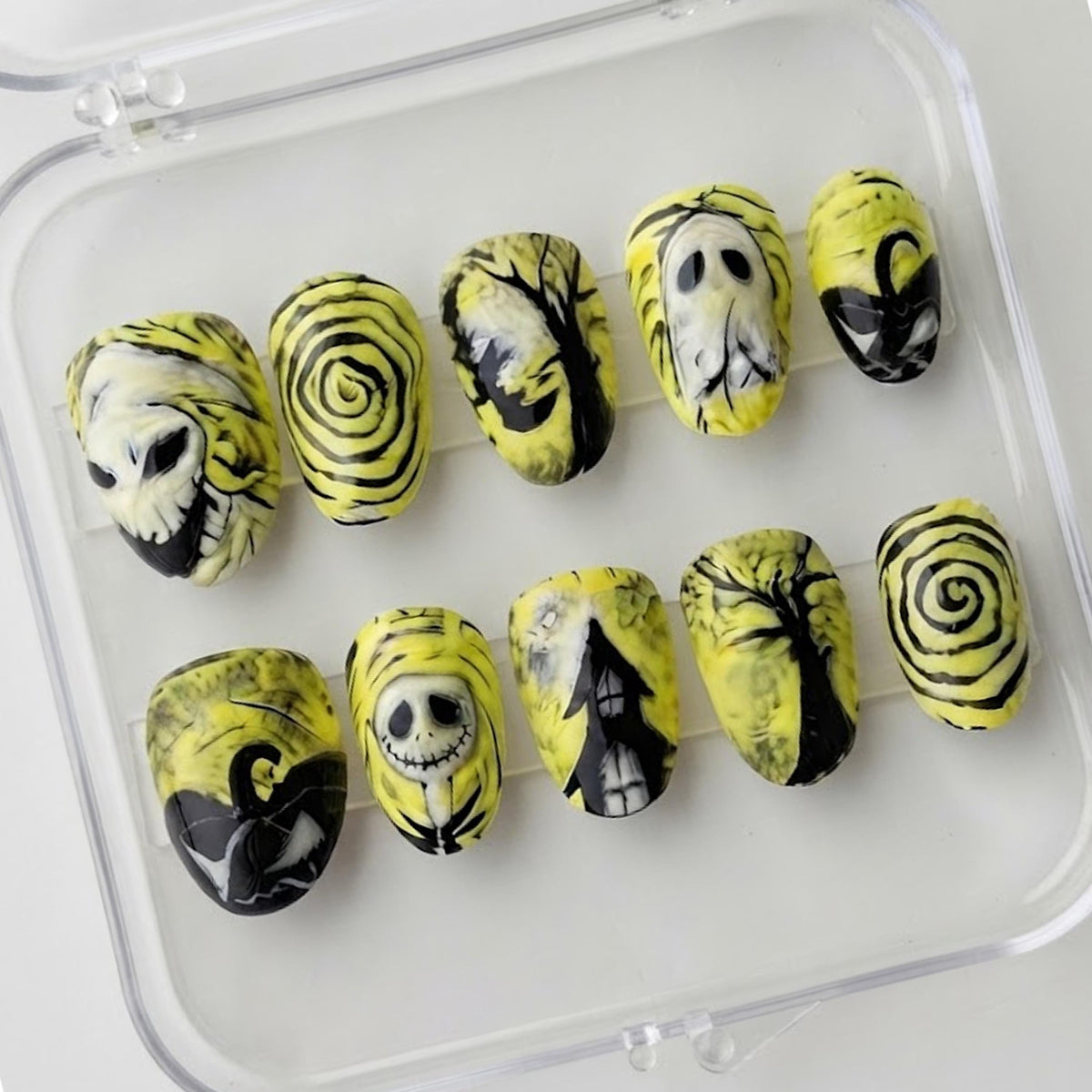 Yellow-Green Halloween Press On Nails with Ghosts, Skulls, and Haunted Trees