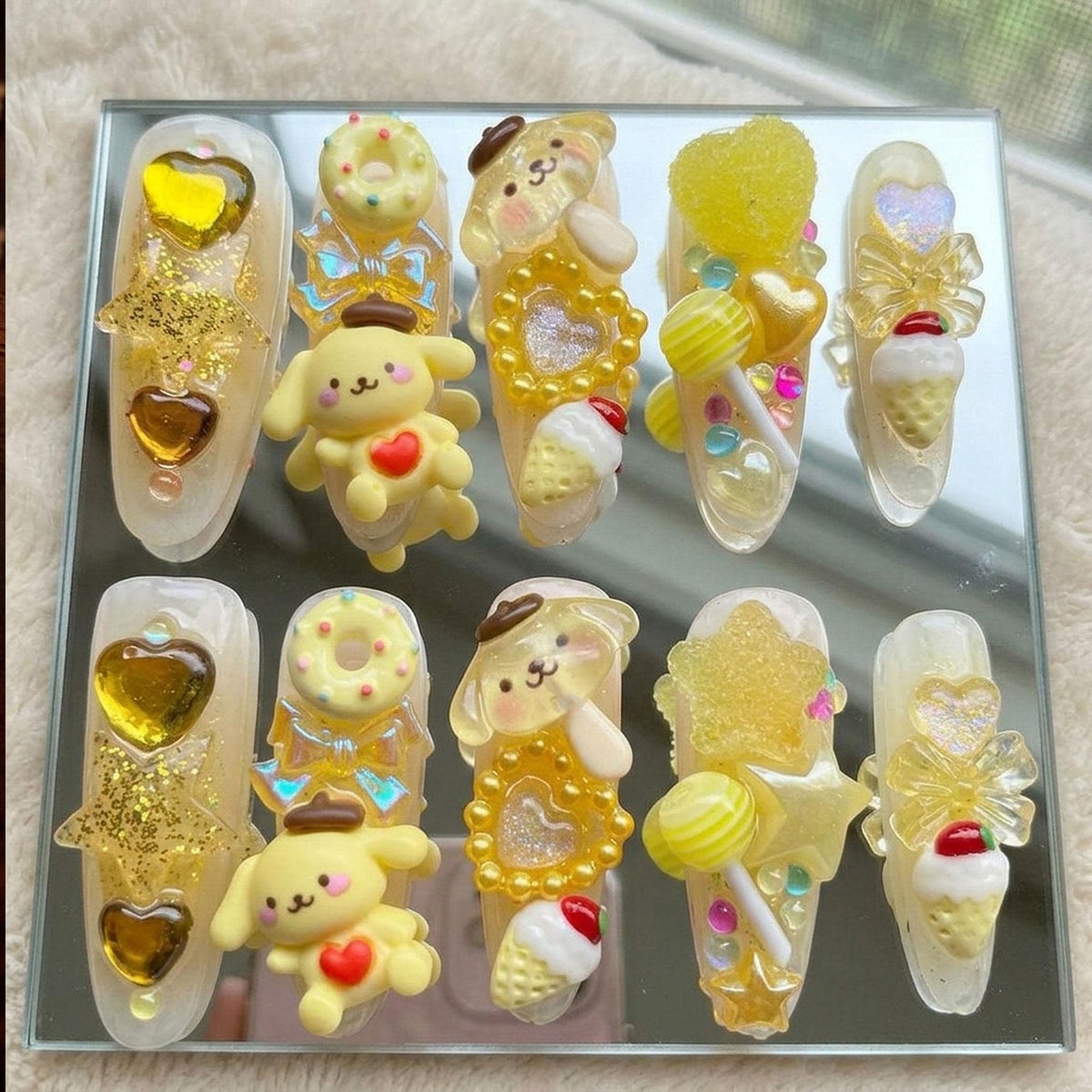 Yellow Jelly Dessert Nails With 3D Dog Characters, Candy, Hearts and Stars