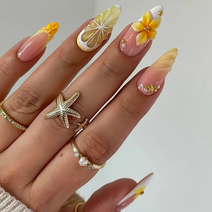 Yellow Plumeria French Tip Press On Nail Set With Citrus and Starfish Accents