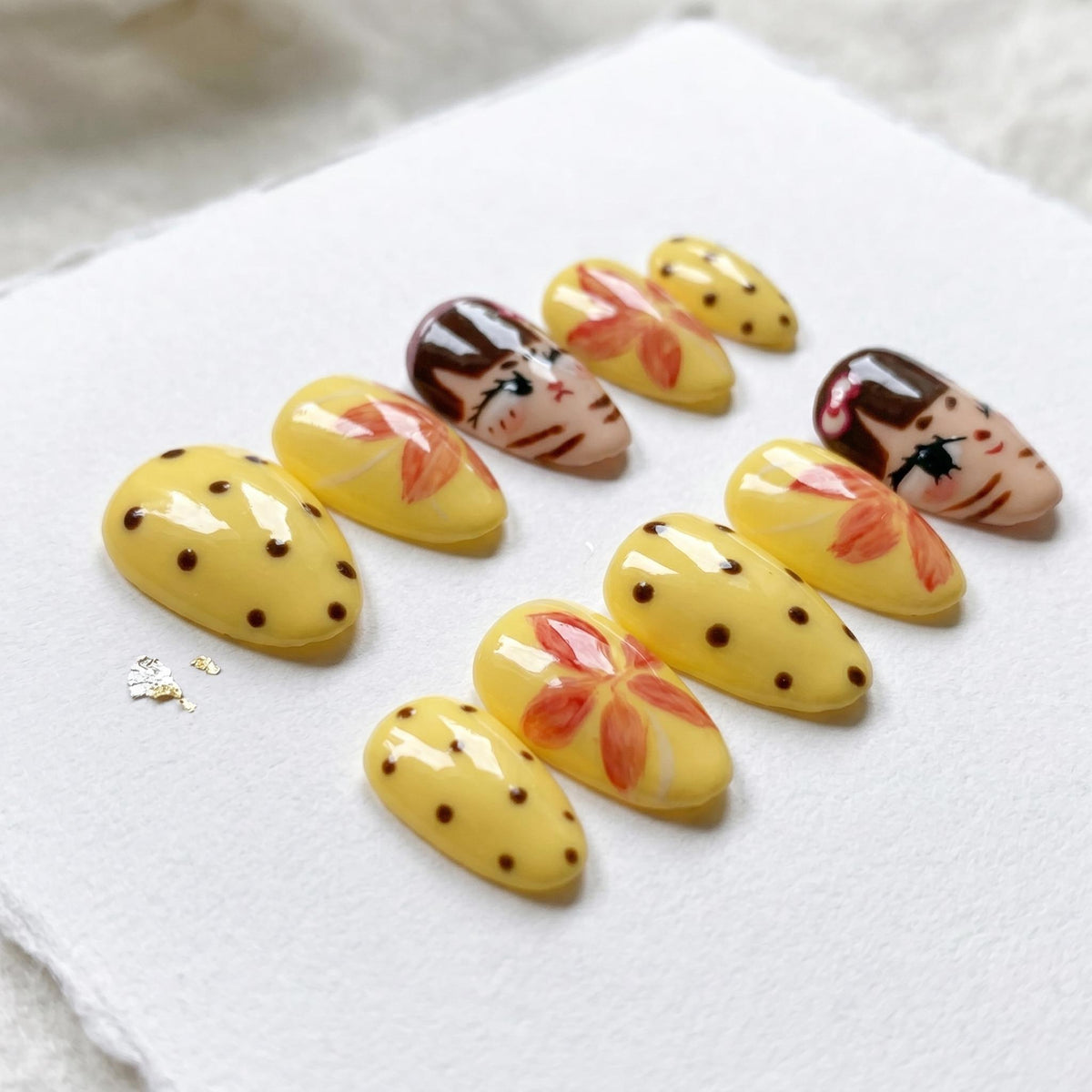 Yellow Polka Dot and Floral Anime-Inspired Nail Set